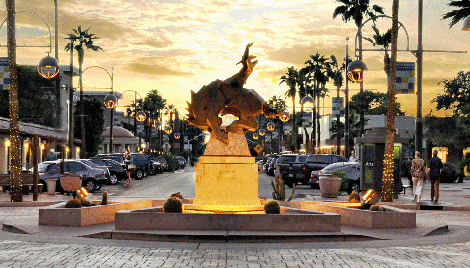 Scottsdale Arts District bronco sculpture at sunset on Main Street