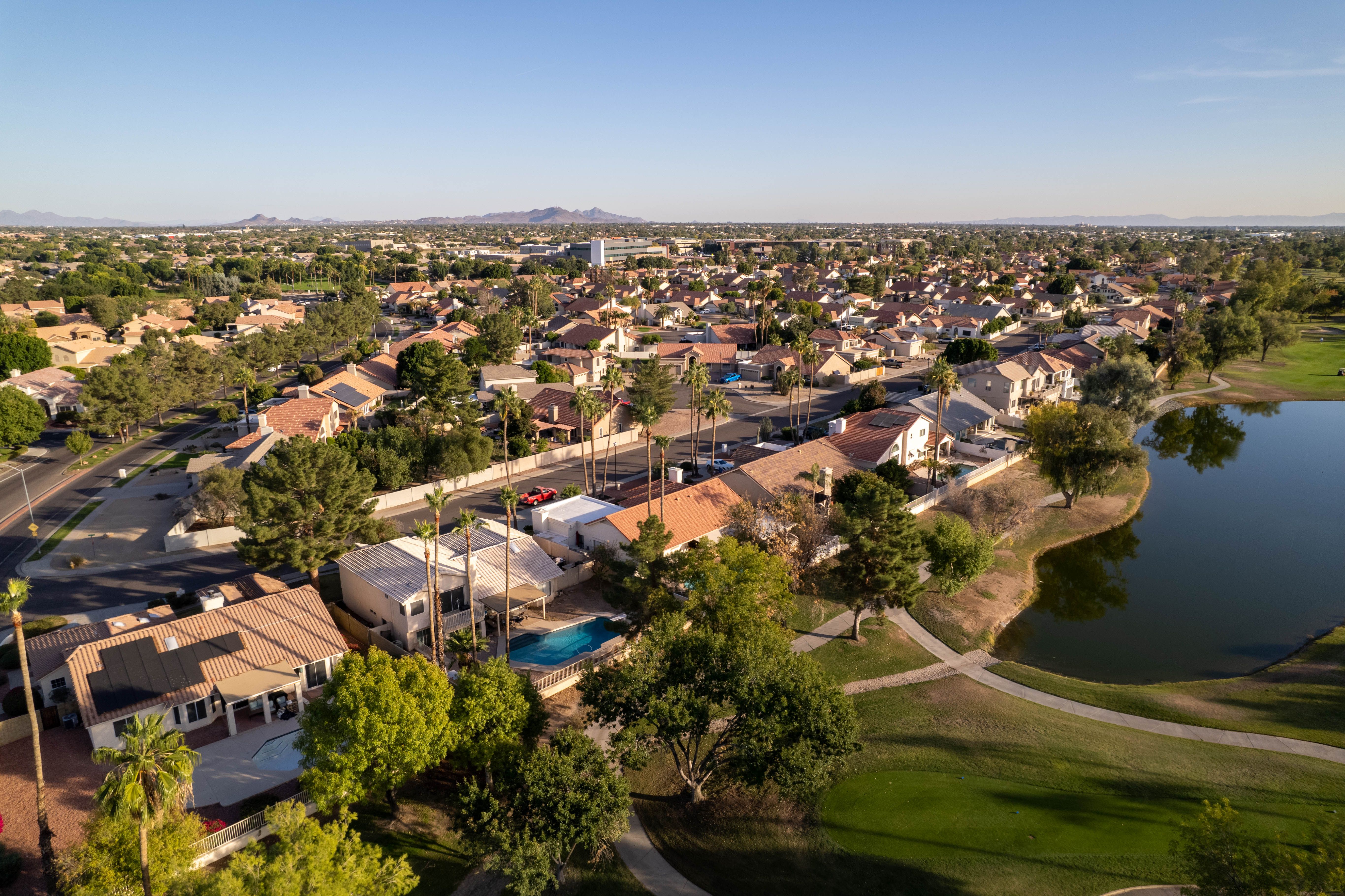 Aerial view of an Old Town Scottsdale neighborhood at golden hour